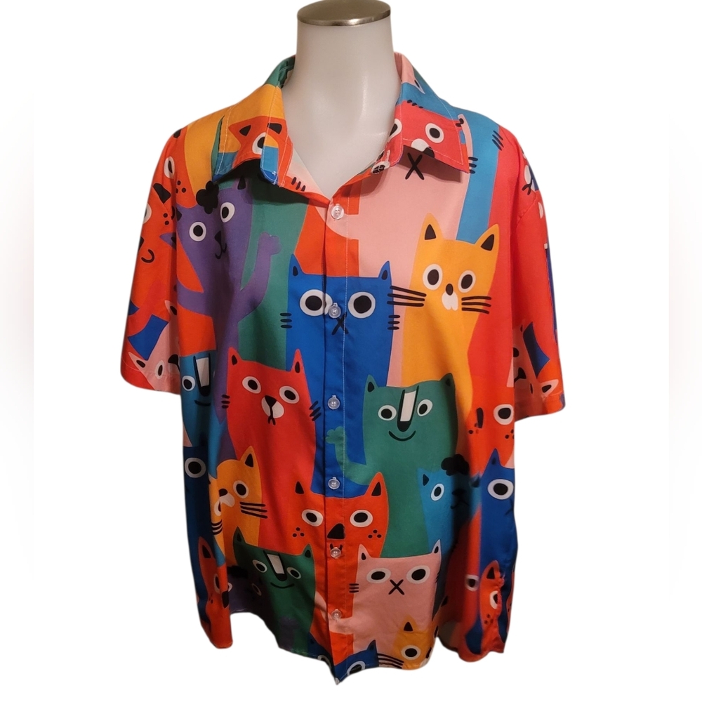 Colorful Cat Print Button-Up Shirt Vintage